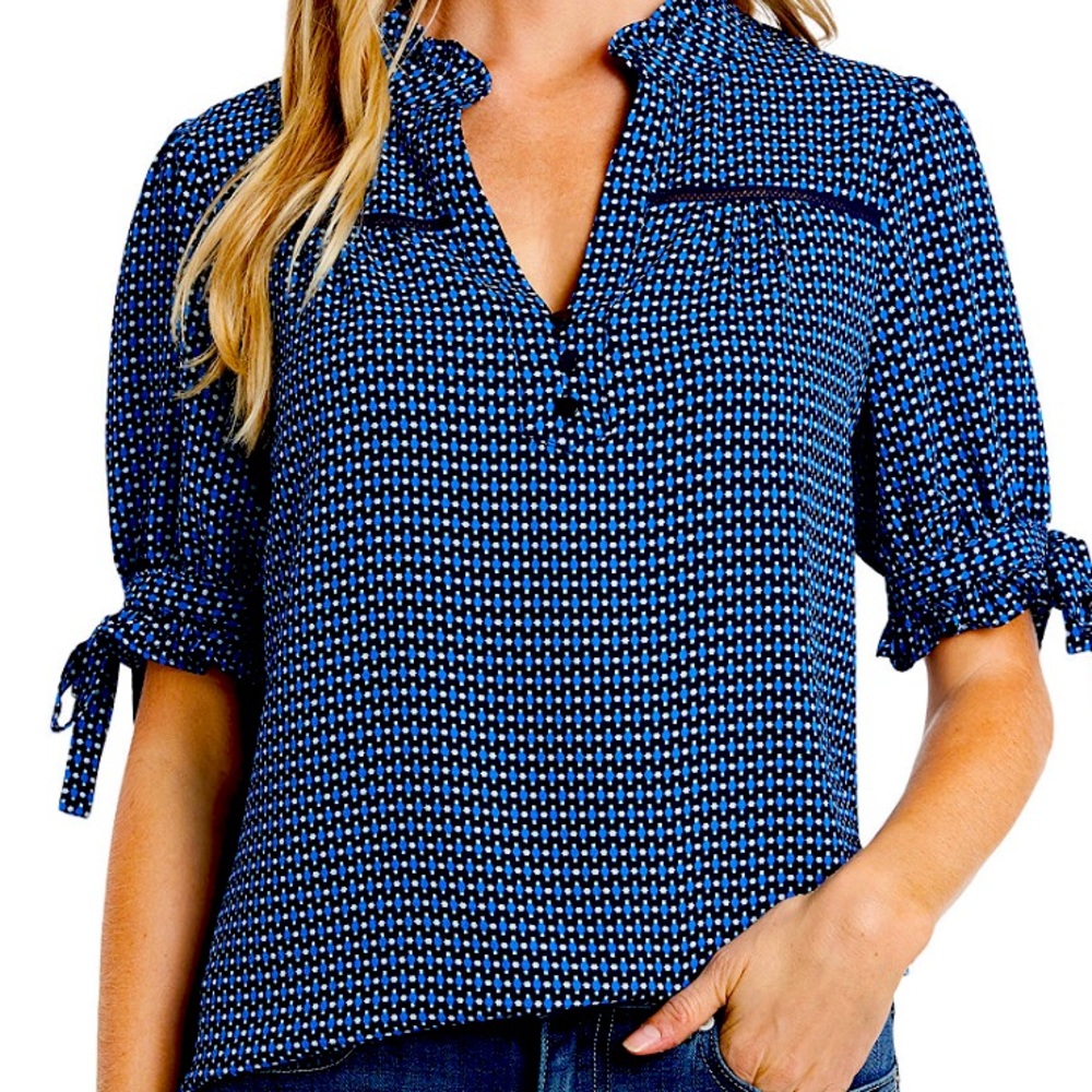 CeCe Tie-Sleeve Geo-Print Blouse Deep Marine is the Color